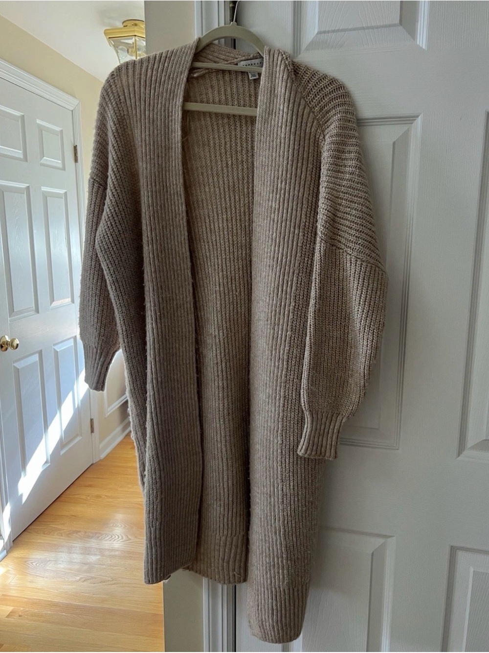 Topshop Women’s Duster Midi Length Cardigan Open Front Sweater Beige Size US 0-2
